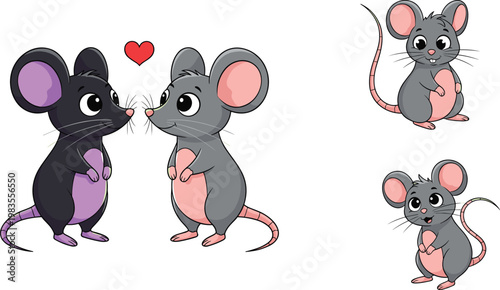 Cute mice characters set love couple rodents cartoon vector illustration adorable animals isolated playful design collection
