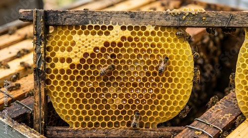 A close-up view of a honeycomb frame with bees crawling on it in a beehive