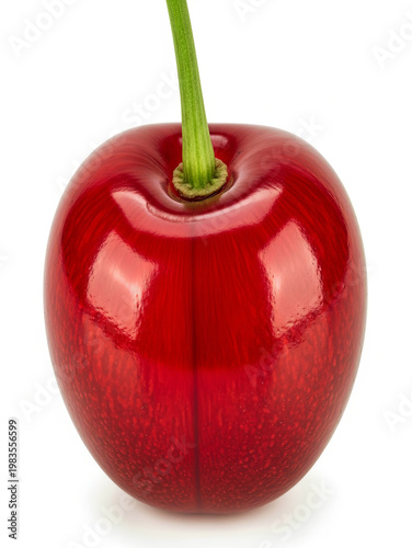 A close-up view of a ripe cherry with its stem attached