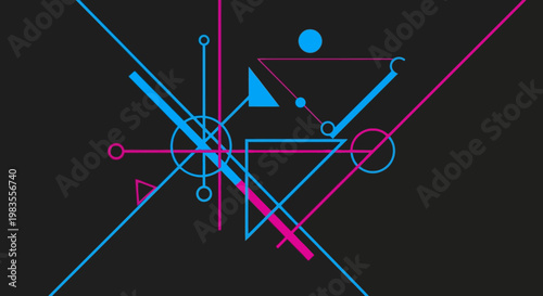 Geometric shapes in neon colors on black background.