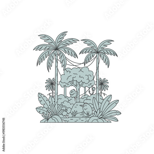 Minimalist line art vector illustration of a tropical jungle scene