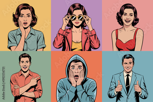Pop art comic character collection with expressive retro portraits. Vintage comic style men and women showing emotions like surprise, smile, pointing and thumbs up in colorful pop art backgrounds