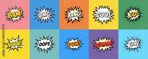 Pop art comic speech bubble collection with explosive text effects. Retro comic book sound words like bam, bang, wow, pow and zap in colorful pop art backgrounds