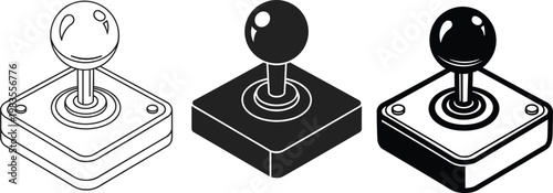 Three isometric illustrations depict arcade joystick controls in varying shades of black and white high quality professional detailed modern elegant stylish