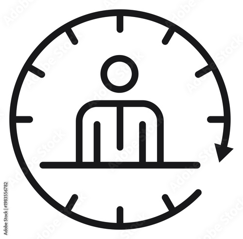 Minimalist black vector icon illustration of a person behind a desk within a clock face with a circular arrow, symbolizing 24/7 customer support, receptionist availability, and time management.