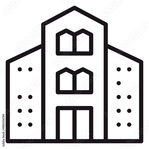 Photos Black vector icon illustration of a building, school, or office structure with a gabled roof, central entrance, and side wings, isolated on a white background for minimalist architectural design
