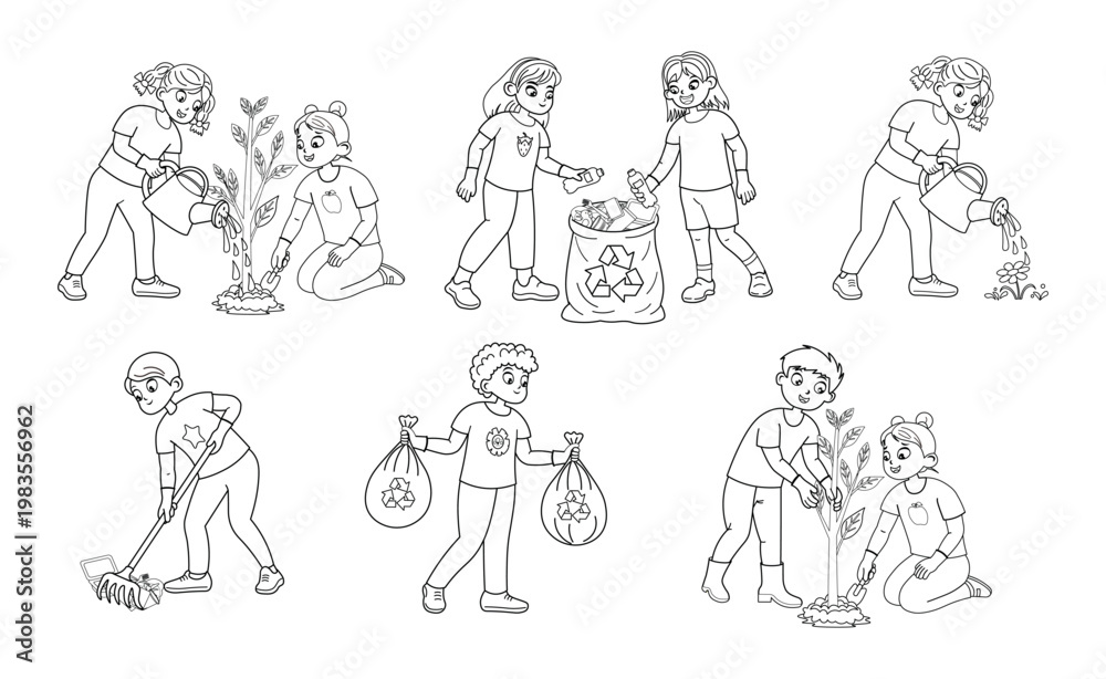 Fototapeta premium Black and white outline set of children doing eco-friendly activities, including planting trees, watering plants, recycling, and cleaning the environment. Coloring page