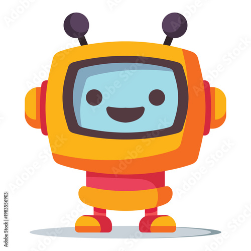 Friendly cartoon robot with antennae and a smiling face on a white background