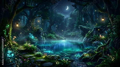 A serene and mystical forest landscape at night with a glowing pool of water surrounded by lush greenery and illuminated by the soft light of the crescent moon and fireflies
