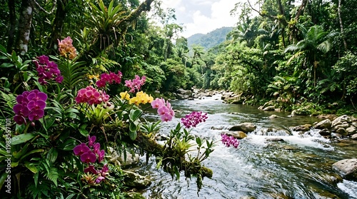 A serene tropical river flows gently through a lush green forest with vibrant pink and yellow flowers blooming in the foreground