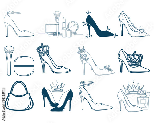 Women High Heel Shoes and Accessories Icon Set Minimal Line Art Fashion Collection