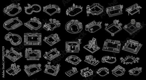 Round Pool and Leisure Area Layout Blueprint Icon Set – Multi View AutoCAD Resort Landscape Technical Drawing White Outline on Black Background