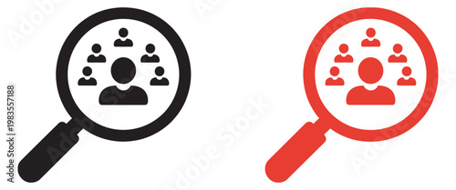 Magnifying glass searching people icon set, black and red vector design, recruitment user analysis team selection human resource concept illustration