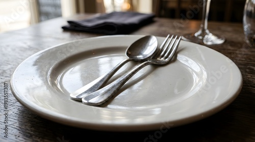 A white plate with a spoon and fork on a wooden table in a restaurant setting