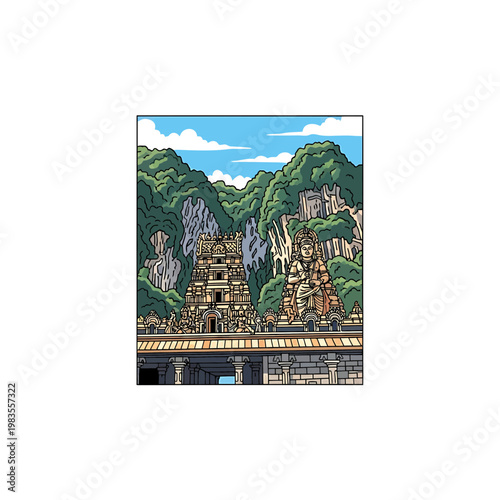 Hindu Temple and Lord Murugan Statue at Batu Caves Malaysia Vector