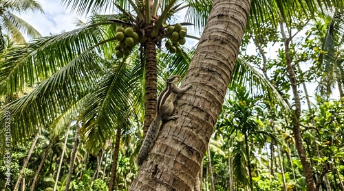 A large monitor lizard climbs up the trunk of a tall palm tree in a lush tropical forest with green leaves and coconuts