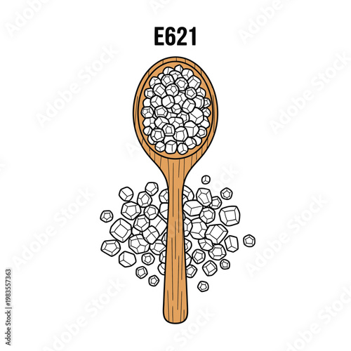 MSG Flavor Enhancer E621 Monosodium Glutamate in Wooden Spoon Vector