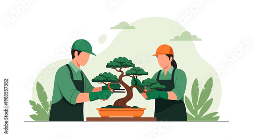 Bonsai Tree Pruning by Two Gardeners in a Flat Vector Illustration.