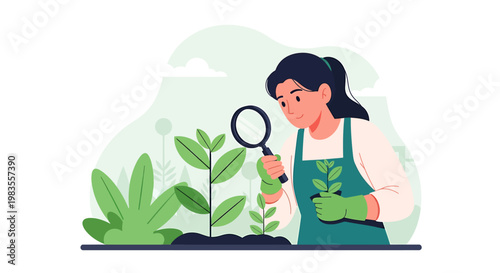 Botanist examining plants with a magnifying glass for research.