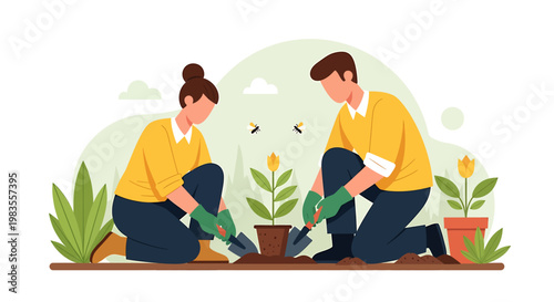 Couple Gardening Together Planting Flowers in Pots Illustration.