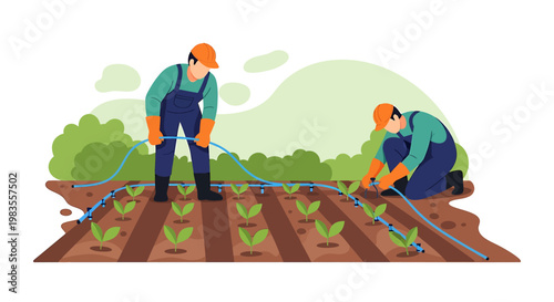 Farmers Irrigating Crops with Precision Irrigation System Illustration.