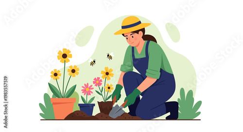 Female Gardener Planting Flowers in Pots with Gardening Tools.
