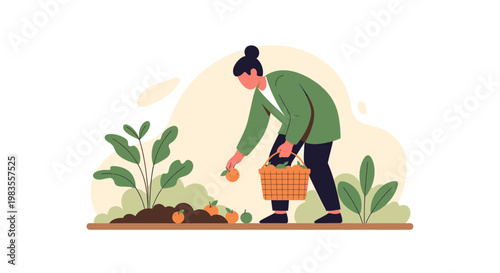 Female farmer harvesting fresh organic vegetables in garden.