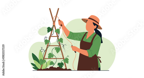 Female gardener tending to climbing plants on a trellis.