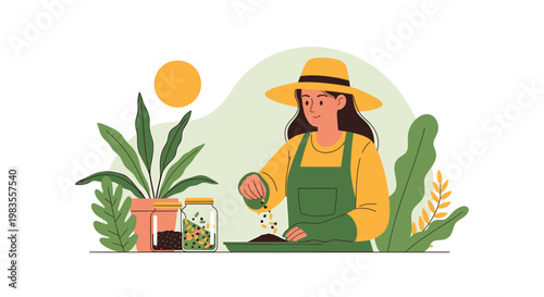Female Gardener Planting Seeds in Soil Illustration.