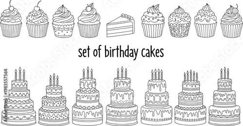 Birthday cakes and cupcakes set outline vector illustration celebration dessert collection party sweets design elements