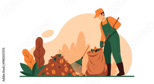 Gardener Gathering Leaves into Sack in Autumn Illustration.