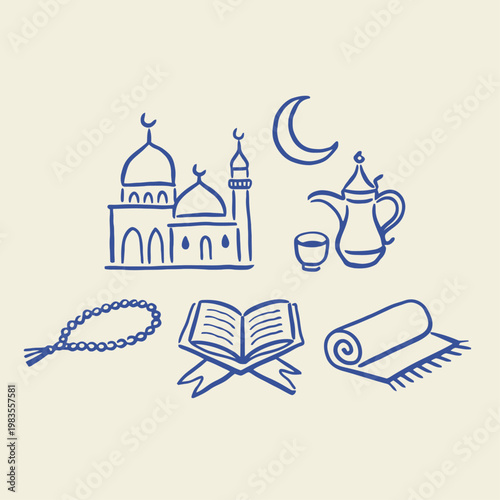 Ramadan celebration icons with mosque, prayer beads, holy book, and tea