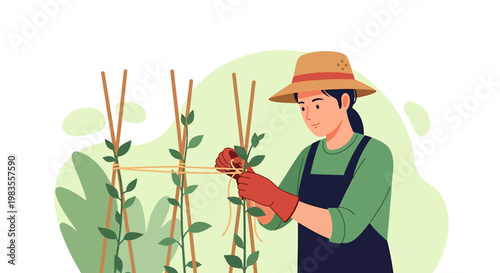 Female Gardener Tying Plants in Garden with Gloves and Hat.
