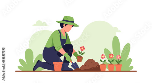 Gardener planting flowers in pots, tending to garden.