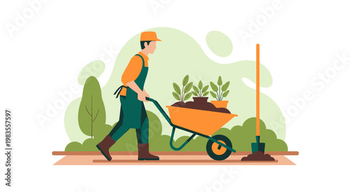 Gardener pushing wheelbarrow filled with plants and soil illustration.