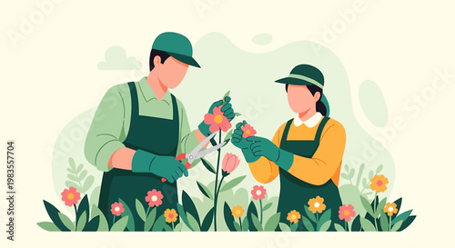 Illustration of two gardeners tending to colorful flowers with care.