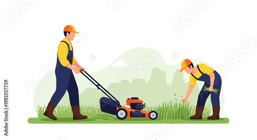 Lawn Care Workers Mowing and Maintaining Grass, Vector Illustration.