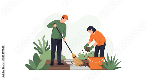 Man and woman cleaning garden together with broom and bucket.