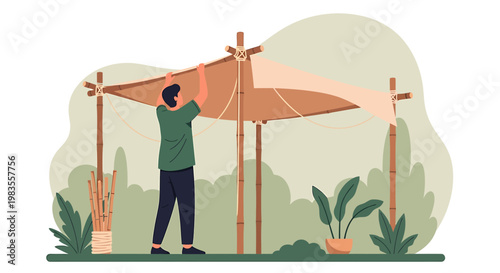 Man Assembling a Wooden Pergola Structure in a Garden.