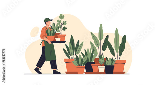 Man Carrying Potted Plants in Tray at Nursery.