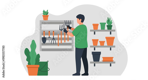 Man choosing gardening tools from a shelf display.