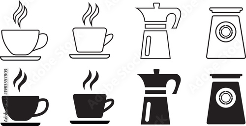 Coffee Icon Set, Cup, Mug, Espresso Maker and Grinder, Line and Solid Style, Minimal Black and White Vector Collection
