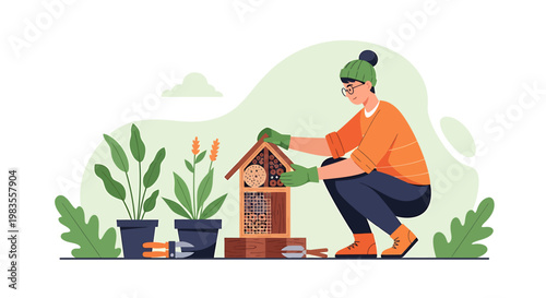 Person tending to a birdhouse in a garden setting.