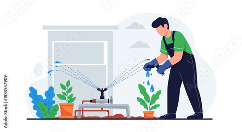 Person Watering Potted Plants with Sprinkler System in Home Garden.