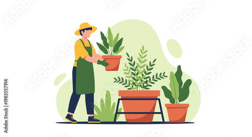Planting Potted Plants Illustration of Gardening and Horticulture.