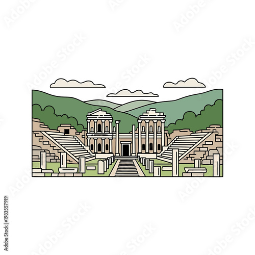 Ancient Ephesus City Ruins and Celsus Library Vector Illustration