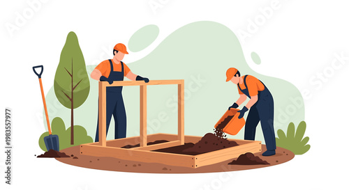 Two construction workers building a wooden frame for a garden bed.