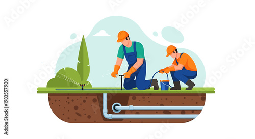 Two construction workers installing underground pipes for plumbing system.