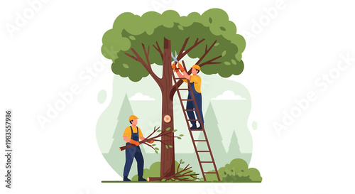 Two arborists trimming a large tree with chainsaws and ladders.