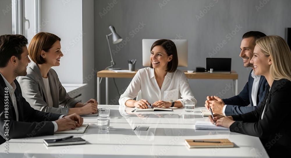 Fototapeta premium A group of professionals engages in a productive meeting around a white conference table.